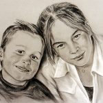Portret broer en zus, houtskool en wit krijt op papier